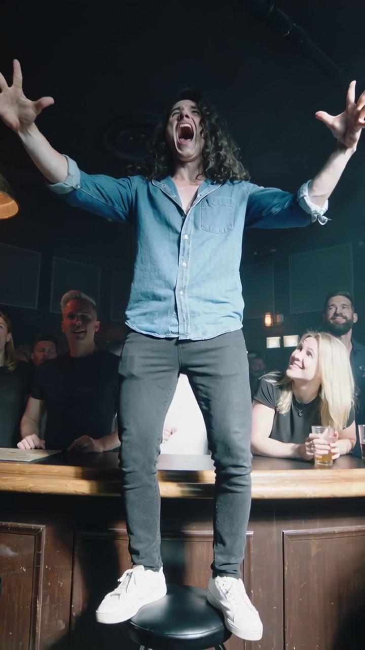 Vertical video: Climbing onto stool, man in denim shirt singing, spreading arms at bar amid cheers