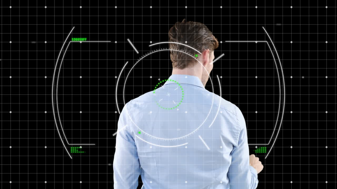 animación del procesamiento de datos sobre el empresario caucásico utilizando la interfaz