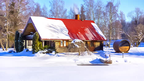 Thermoholzhaus-Den-Ganzen-Tag-Teilweise-Mit-Schnee-Bedeckt