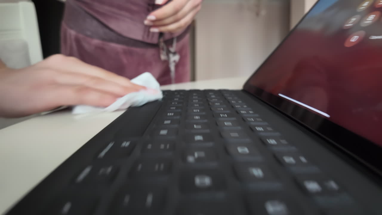 Woman cleaning a tablet pc keyboard close up macro