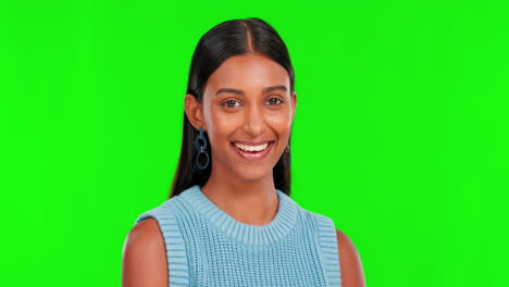 Face,-smile-and-Indian-woman-in-green-screen