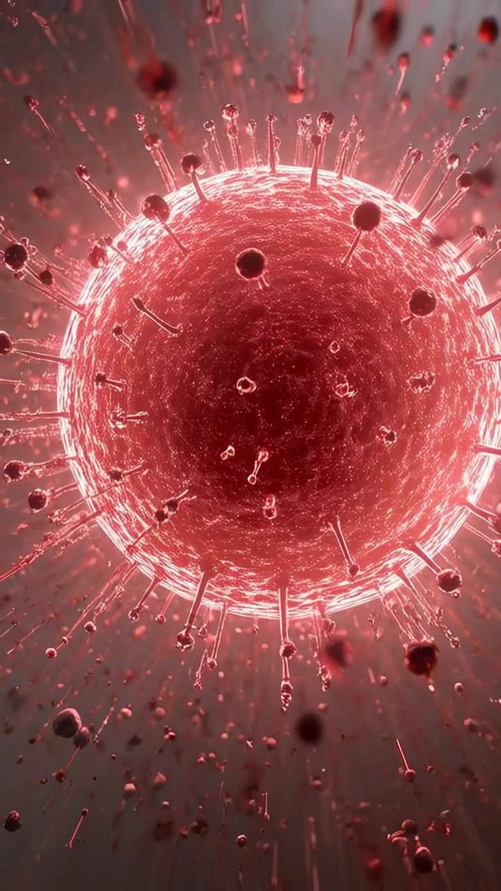 Video verticale: Telecamera che zooma attraverso un fluido verso una microsfera rossa, mostrando punte e un bagliore.