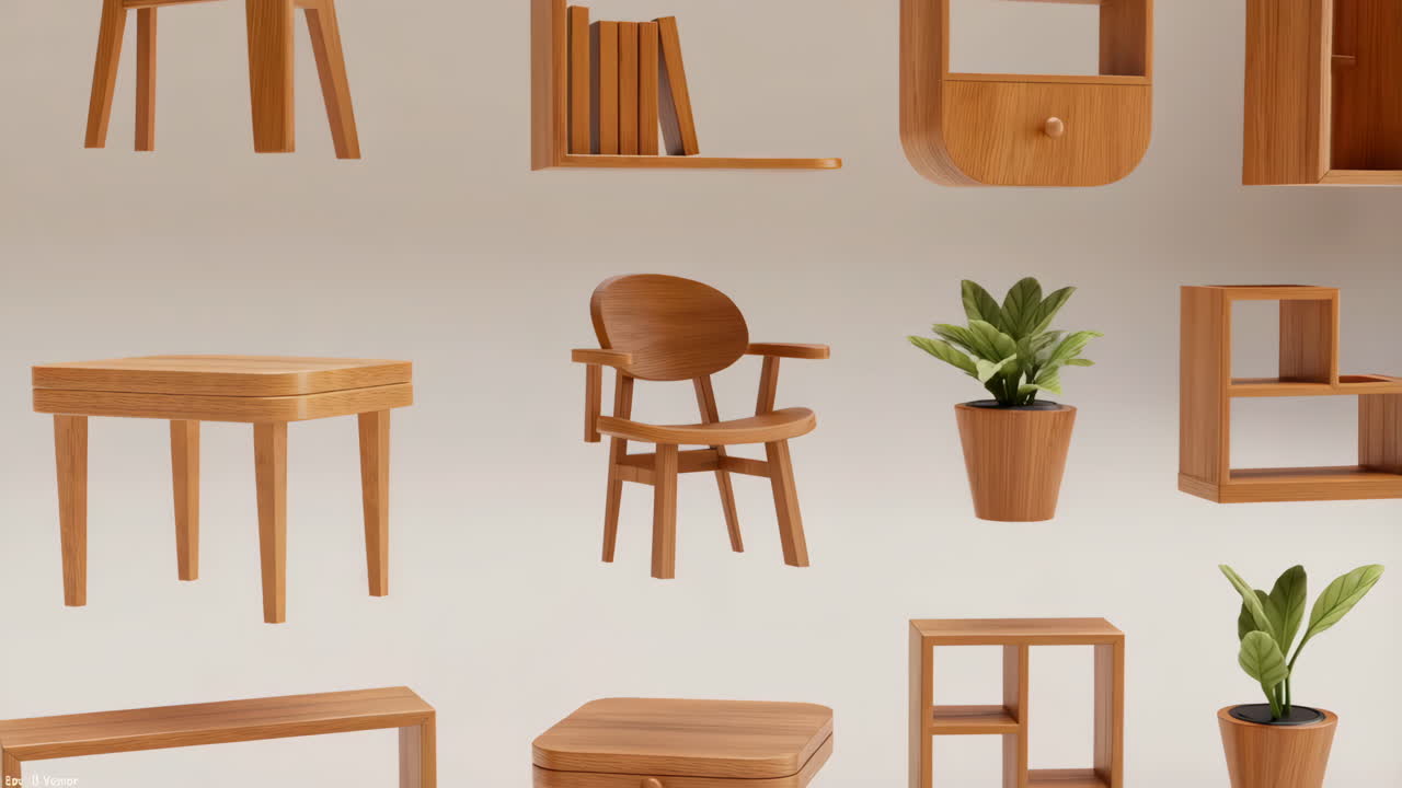 Collection of Various Wooden Furniture Pieces and Potted Plants