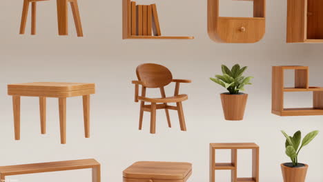 collection of various wooden furniture pieces and potted plants