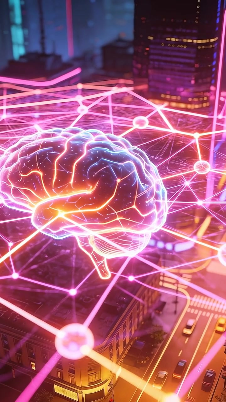 Vertical video: Appearing neon brain activating magenta grid over rooftop, pulsing node spheres