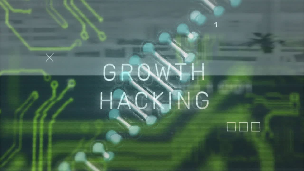 Growth hacking text over digital circuit and DNA strand animation