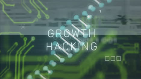 growth hacking text over digital circuit and dna strand animation
