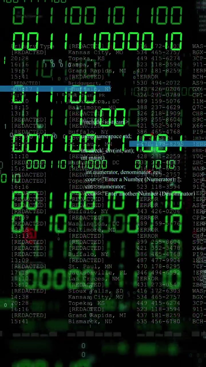 Animation of blue lines and binary processing over text data on black background