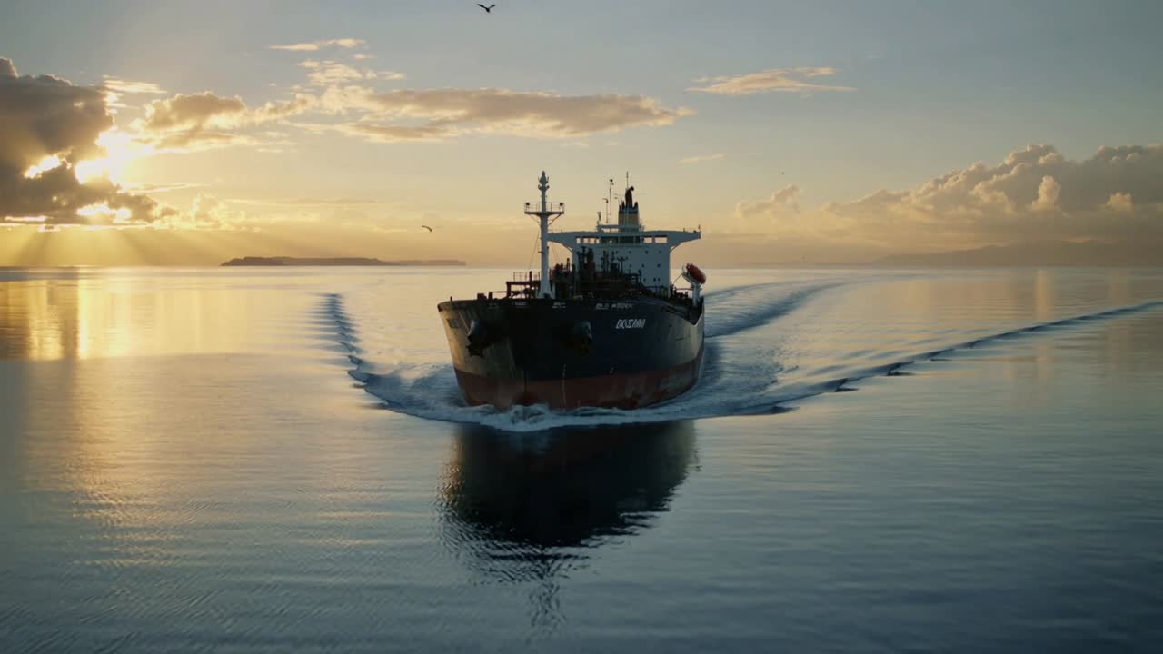 Equipaggio al timone che guida una nave cisterna che solca acque calme all'ora d'oro sull'orizzonte costiero, lasciando una scia