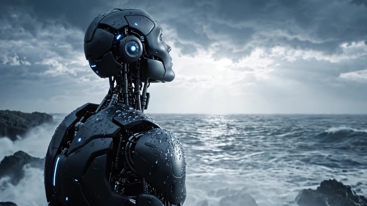 Un robot futuristico osserva contemplativamente le onde turbolente dell'oceano, riflettendo sulla sua esistenza in mezzo a un cielo drammatico e tempestoso, pieno di nuvole dinamiche e luce solare.