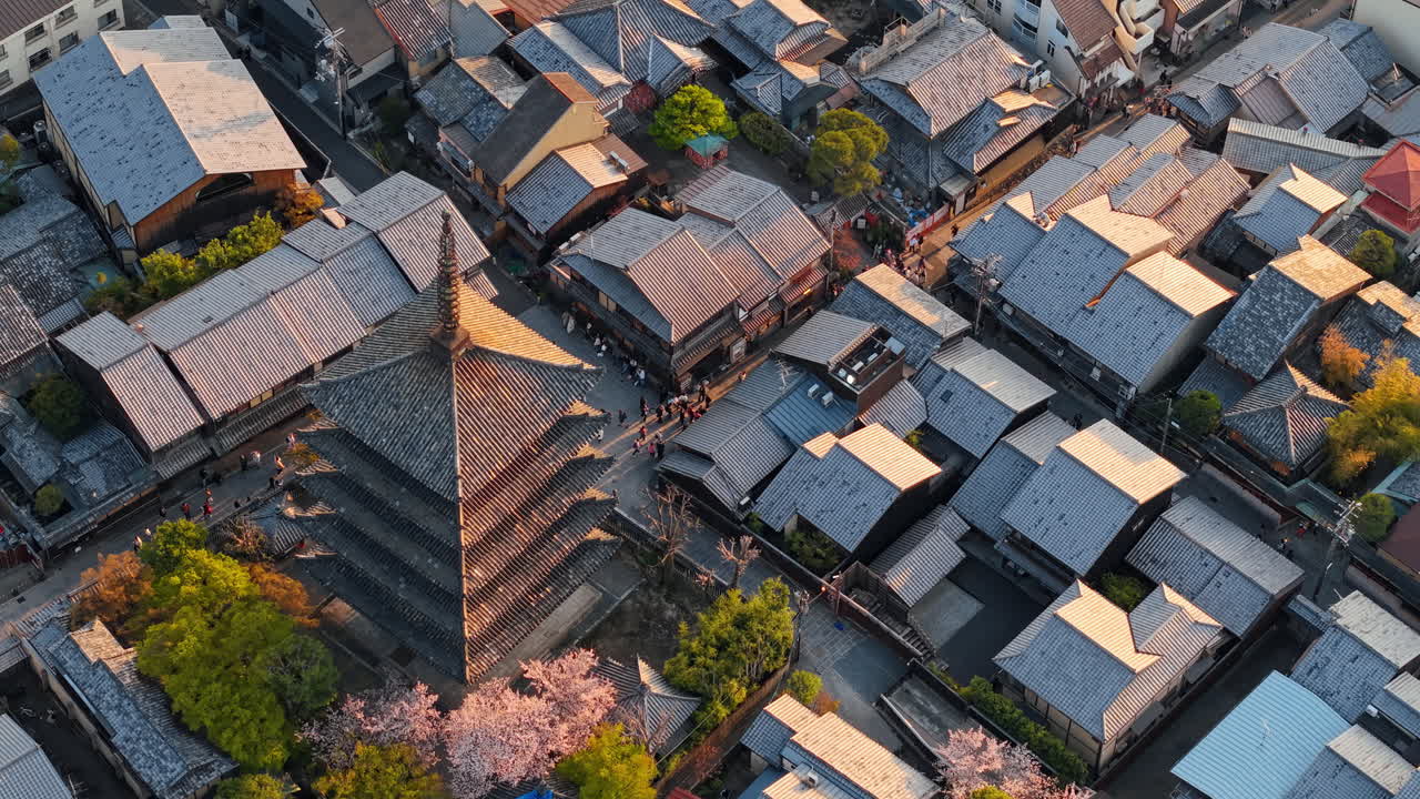 Aerial drone view of the Yasaka Pagoda temple in daylight