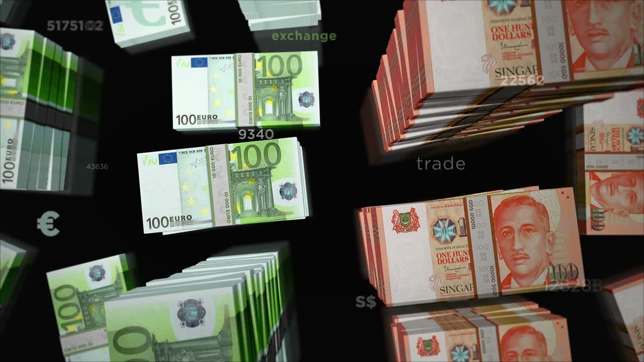 유로와 싱가포르 달러 화폐 교환 루프 애니메이션
