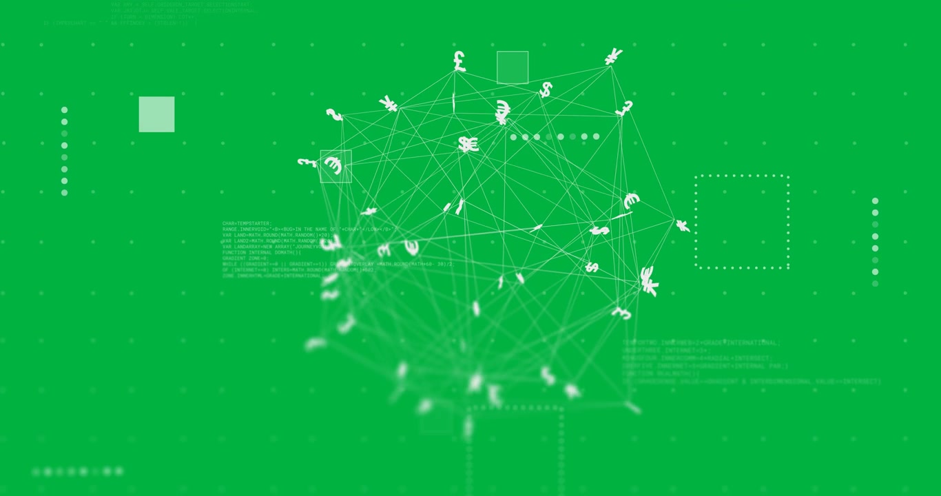 Animation of currency symbols and network of connections over transparent background