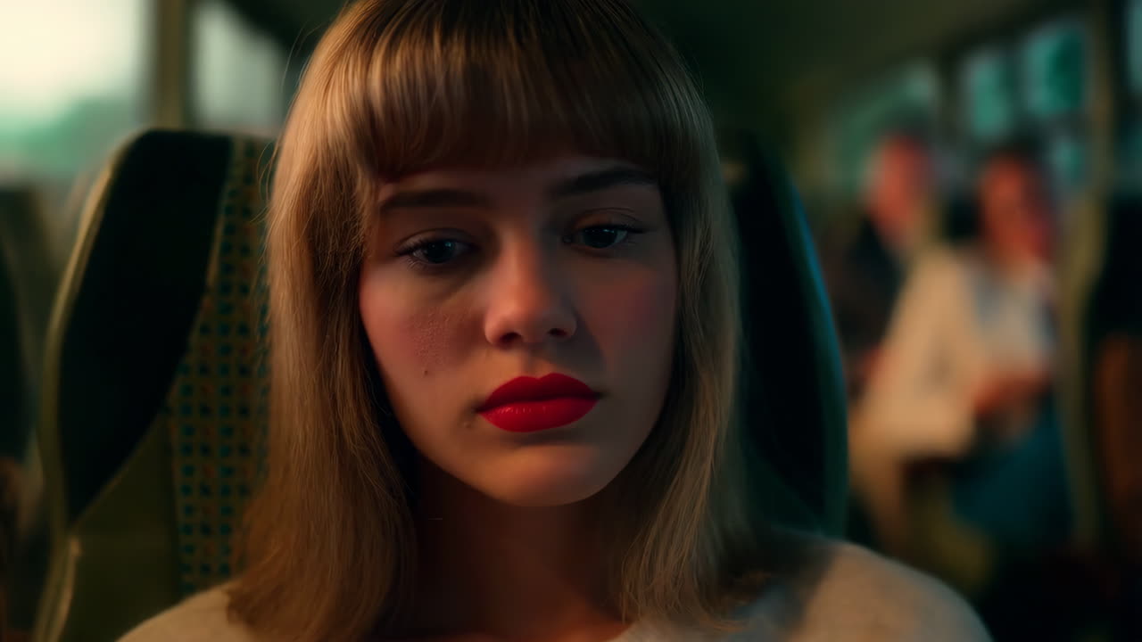 Close-up portrait of a young woman with red lipstick in a vehicle