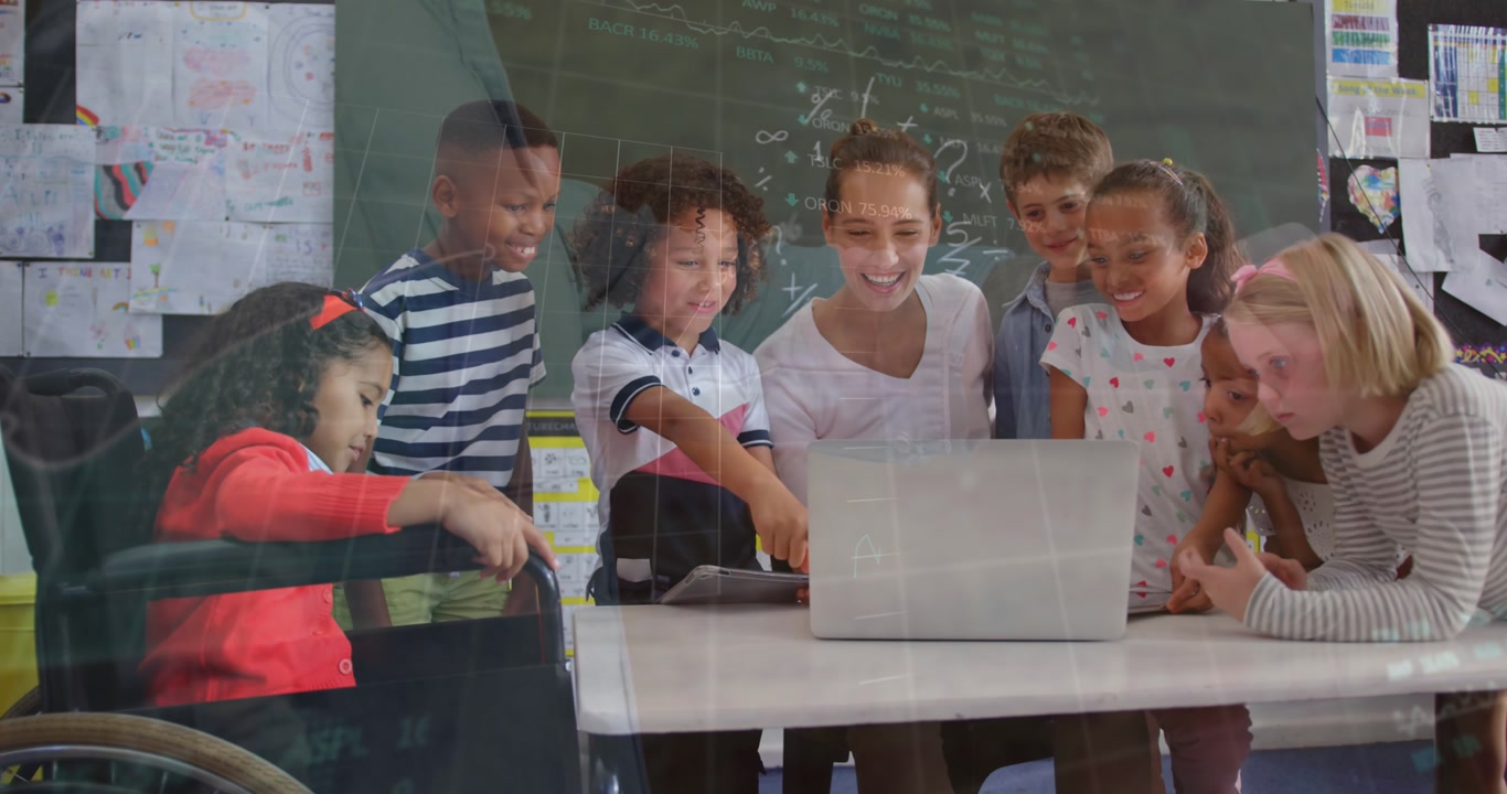 Animation of financial data processing over diverse schoolchildren in class
