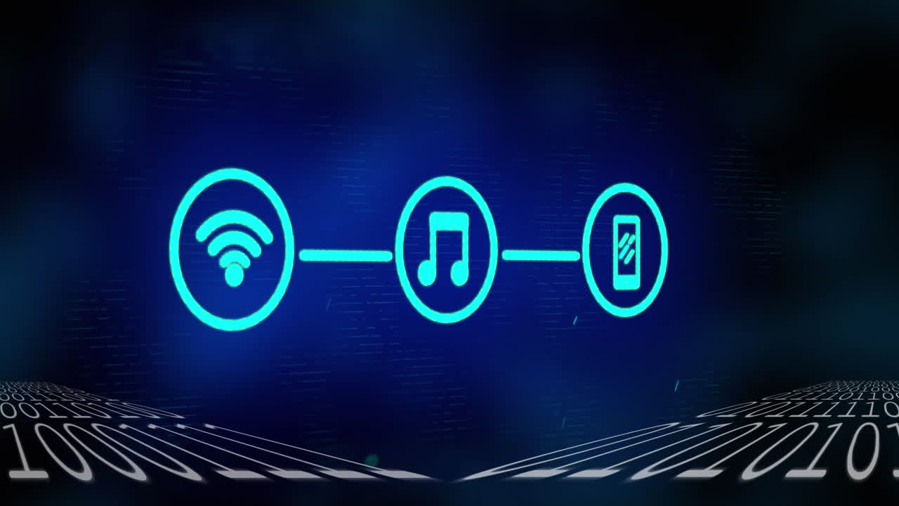 animação de ícones e processamento de dados sobre fundo escuro
