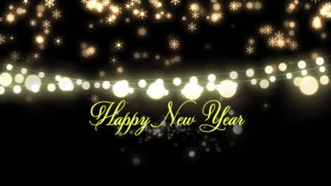 animation of happy new year text with snowflakes and glowing strings of fairy lights