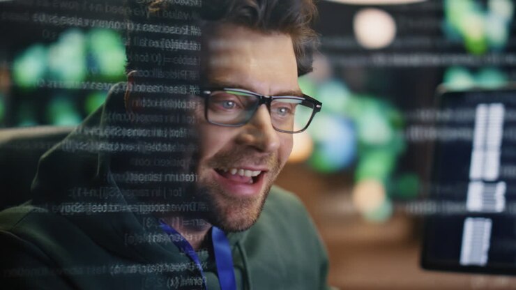 IT developer coding computer data hologram closeup. Programer hands working