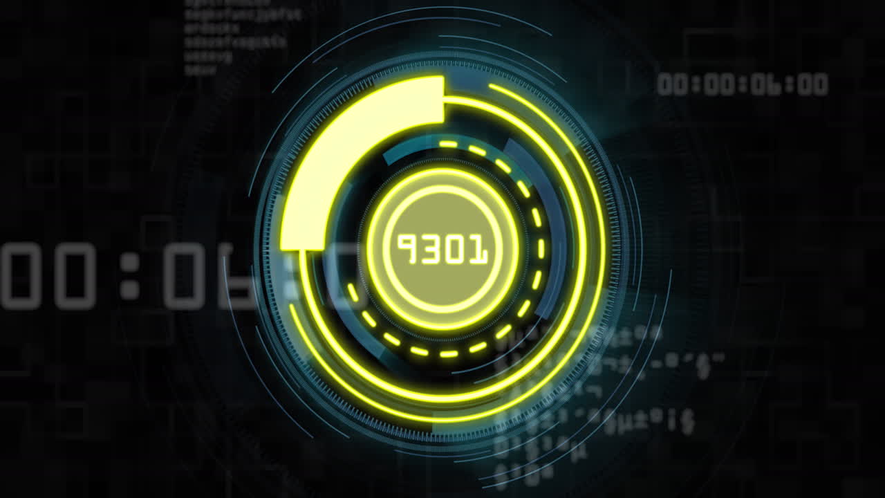 Animation of scope and data processing over dark background