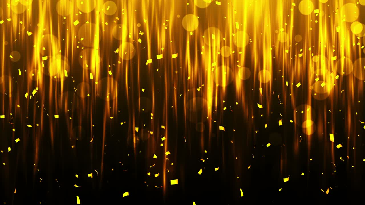 반이는 황금색 콩페티, 황금색의 밝은 축제 틴셀, 검은색 배경에 보케 조명, 반이는 파동 디자인, 루프 애니메이션, 텍스트를 복사하는 공간.