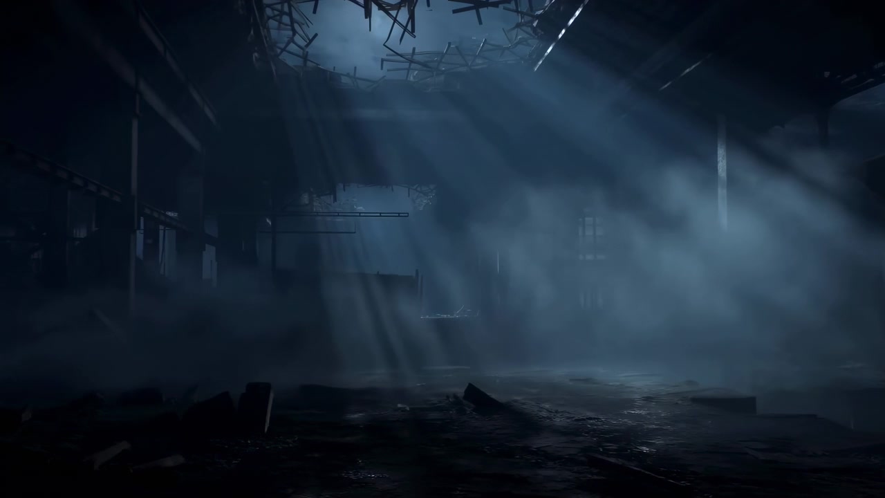Dark damaged building interior with broken ceiling openings, drifting smoke, scattered rubble, and shallow water reflecting narrow beams of light from above