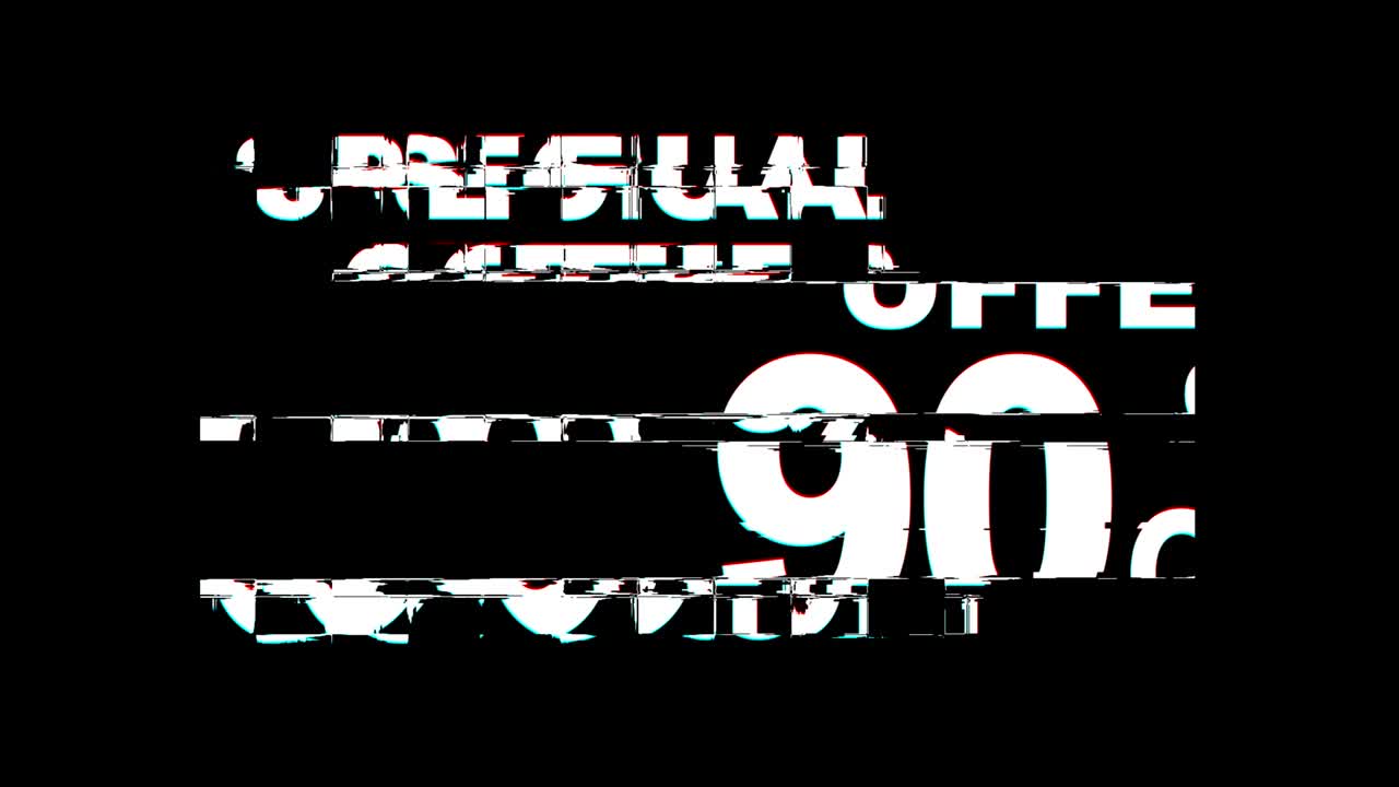 una oferta especial de 90% de descuento en los efectos de glitch, texto, tv digital, distorsión, animación en bucle en 4k.