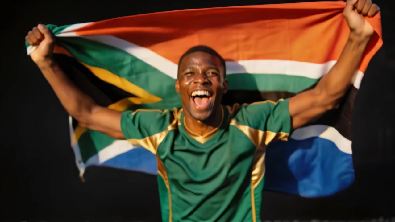 Uomo adulto esultante con maglia verde e oro che alza la bandiera sudafricana su un campo sportivo dopo un gol.