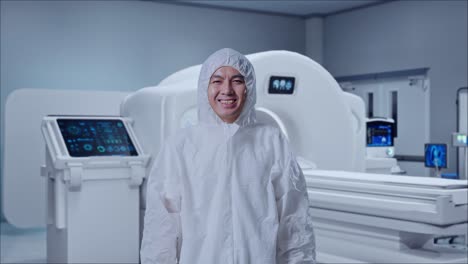 asian male scientist smiling with mri machine in the hospital
