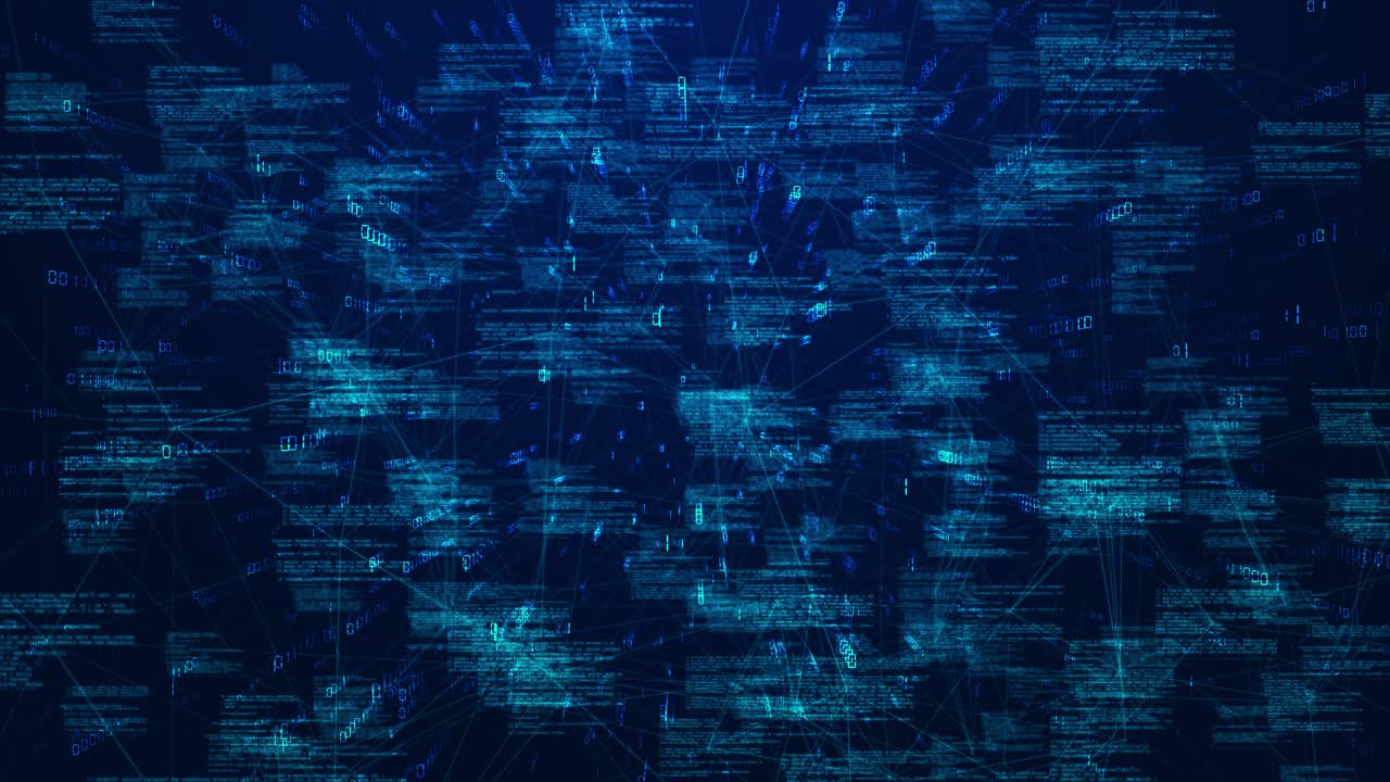 Abstract animation visualizing digital code through network connections over deep blue background