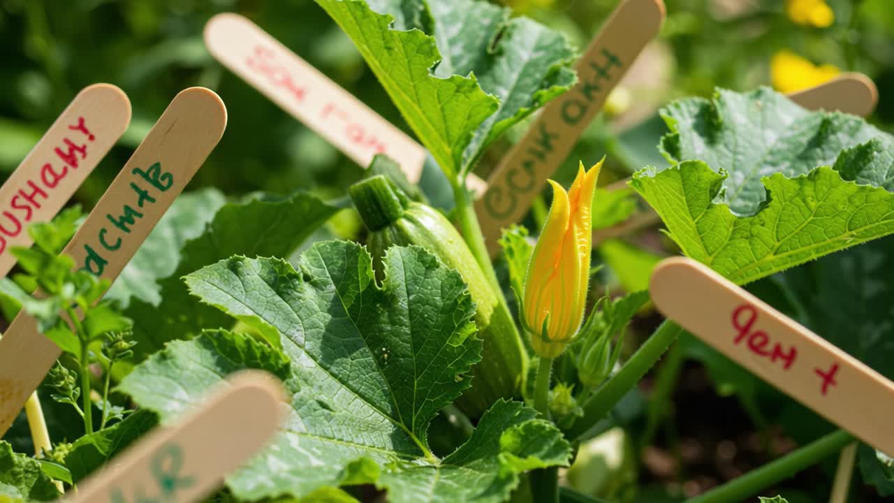 A vibrant garden scene showcasing budding zucchini plants, featuring rich green leaves and blooming yellow flowers, each labeled with educational stakes for identification