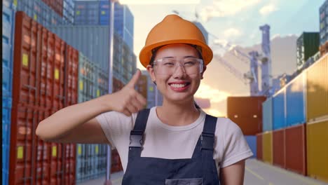 primer plano de una trabajadora asiática que usa gafas de protección y casco de seguridad sonriendo y mostrando los pulgares hacia arriba mientras está de pie en el almacén del patio de contenedores