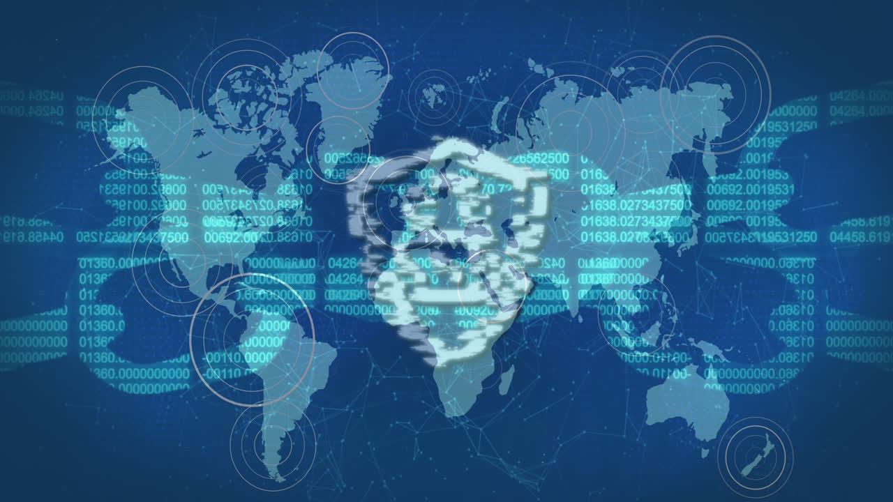 Cyber security padlock and chain against pulsating circles over world map on blue background