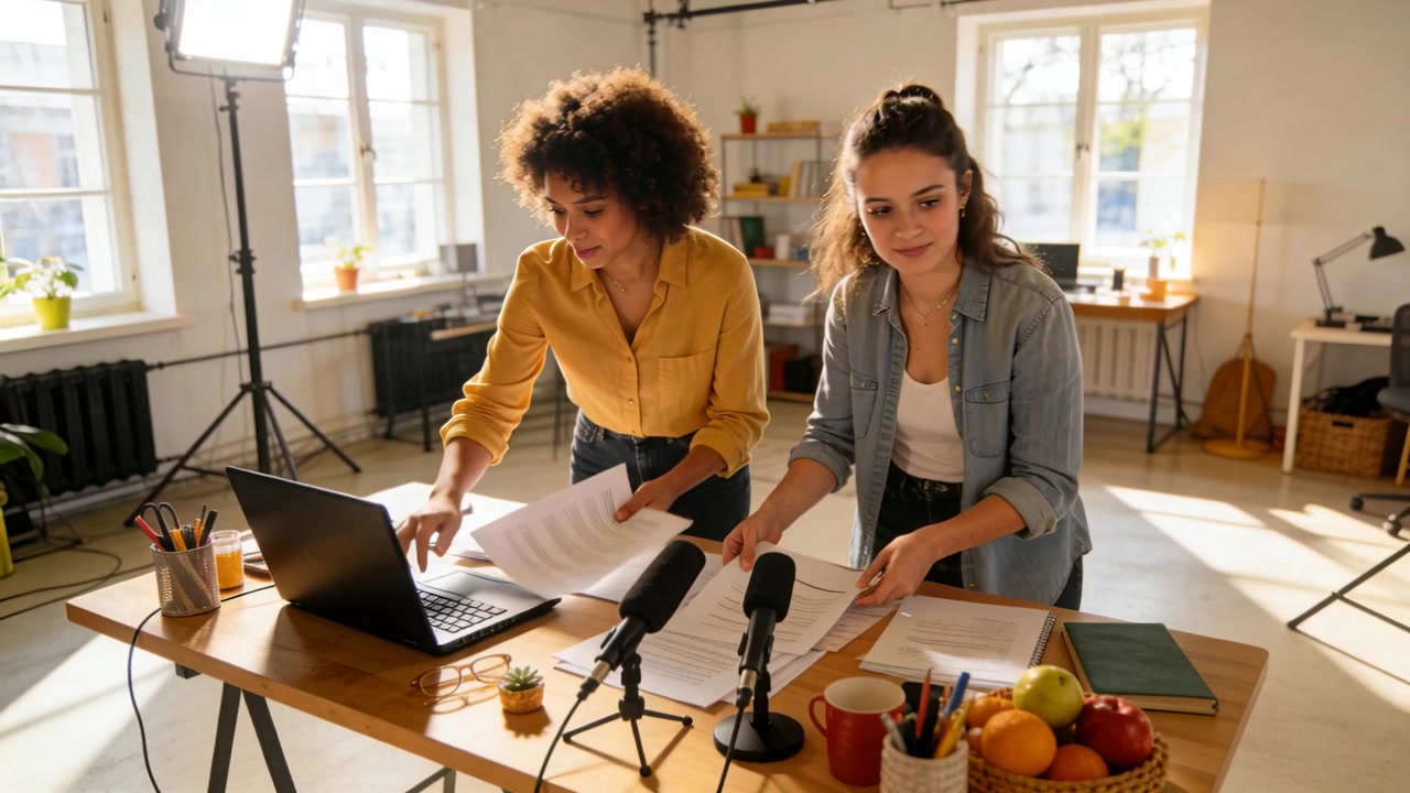 Positioning mics, women in mustard top and denim shirt sorting scripts and typing laptop in studio