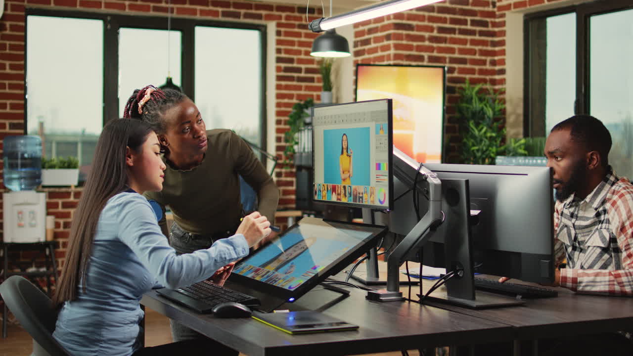 Diverse photo editors retouching pictures with editing software