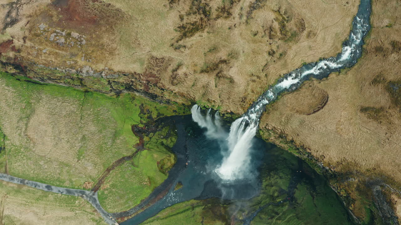 Bird's eye view of Seljalandsfoss waterfall in south Iceland, famous Icelandic landmark attraction