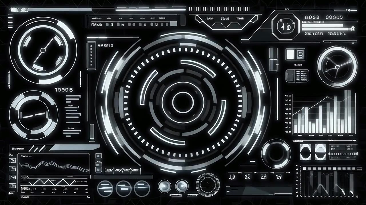 Futuristic HUD Display with Animated Digital Data and Graphs