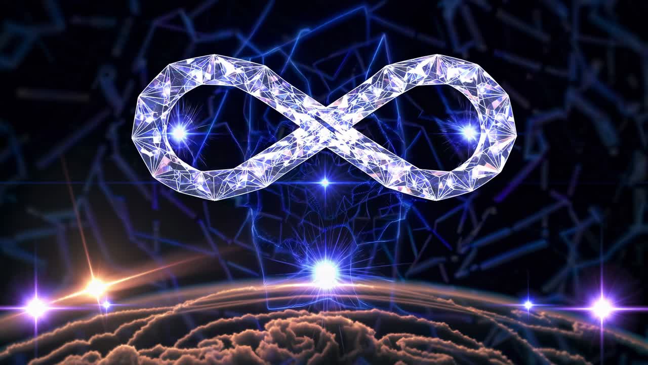 Ethereal infinity symbol, formed by a crystalline structure, hovering above Earth, radiating brilliant light through the swirling energy field of the atmosphere