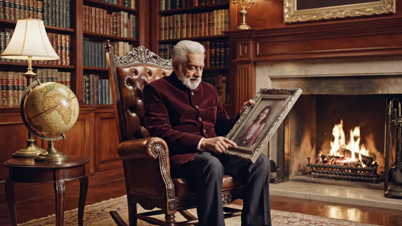Elderly man reminiscing in his library