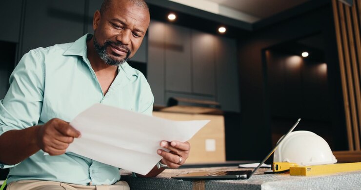 Architect Reviewing Blueprints and Working on Laptop in Modern Kitchen