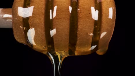 Macro-close-up-view-of-slow-honey-dripping-under-honey-dipper-stick-with-a-black-background,-naturally-sweet-food