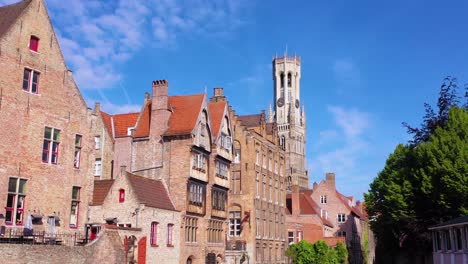 Canal-vista-aérea-reveal-the-skyline-of-Bruges-Belgium-includes-Belfort-Van-Brugge