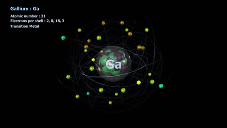 atom of gallium with 31 electrons in infinite orbital rotation on black