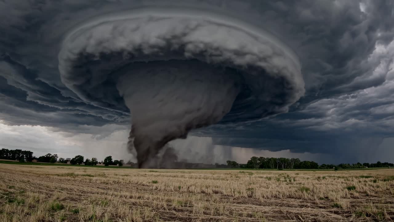Dramatic video still of a tornado funnel cloud over a field, captured from a low-angle