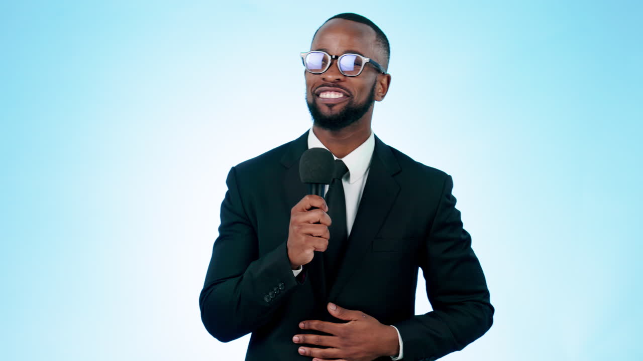 Microphone, reporter and black man with audience