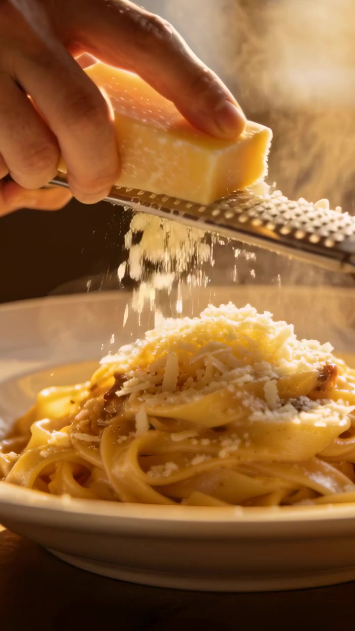 Video verticale: Mani che grattugiano formaggio sulla pasta con la grattugia, vapore che invita a guarnire a tavola.