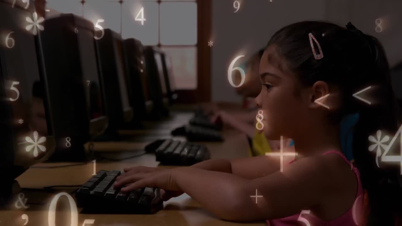 Girl typing on computer with maths symbols