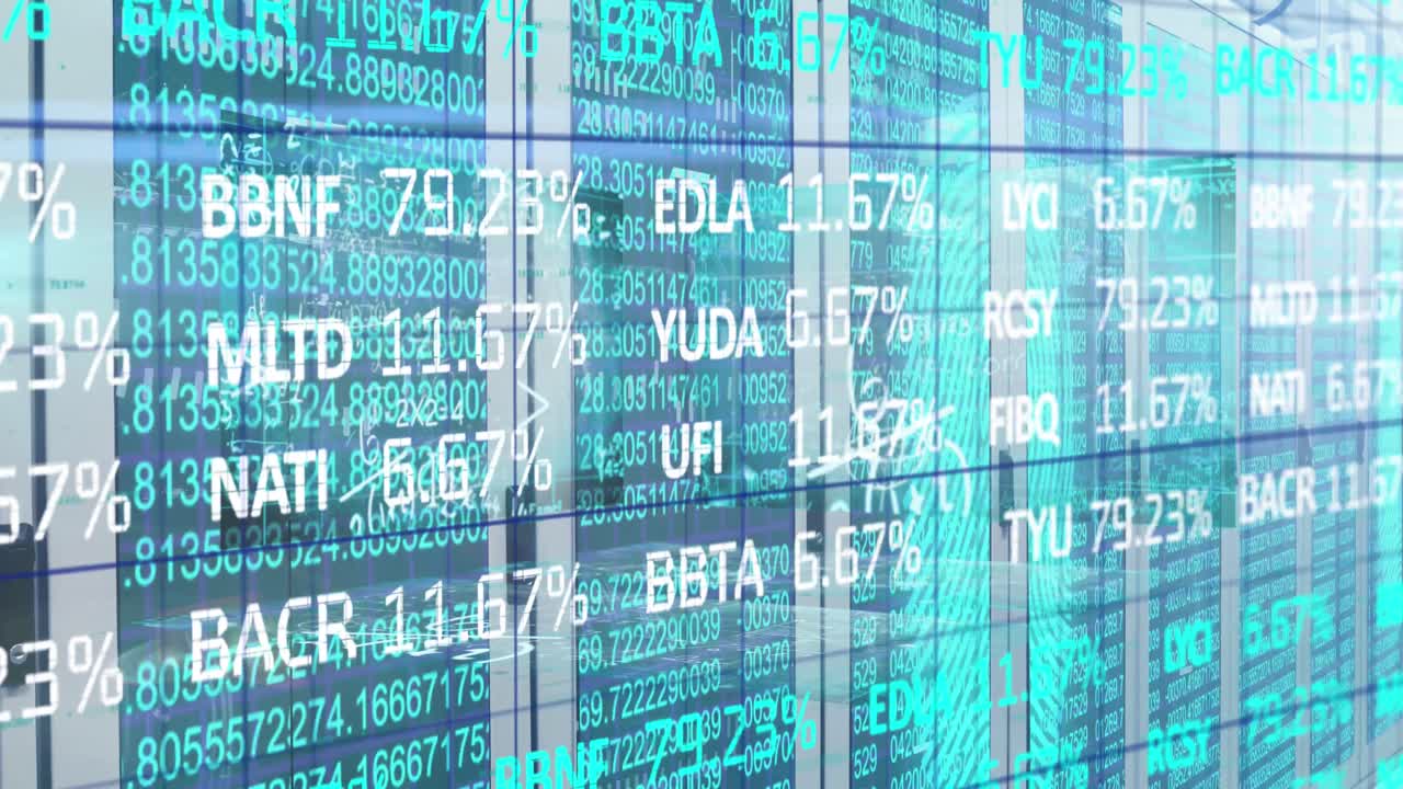 Data processing over a room made of screens showing lines of numbers, data processing