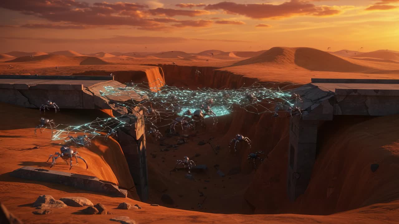 In a vast desert landscape, advanced robotic creatures navigate a chasm, utilizing luminous networks of energy to bridge the divide as the sun sets in a breathtaking display