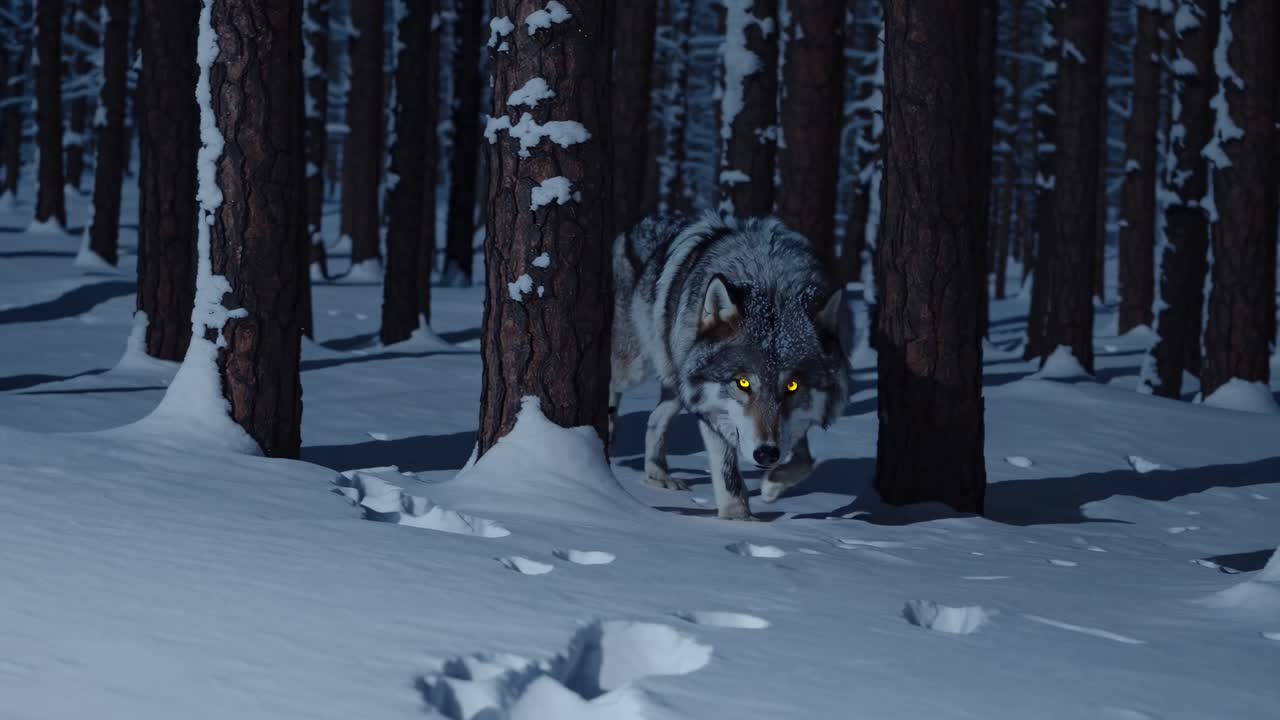 A wolf prowls through a snowy forest at night, captured from a low-angle, creating a suspenseful