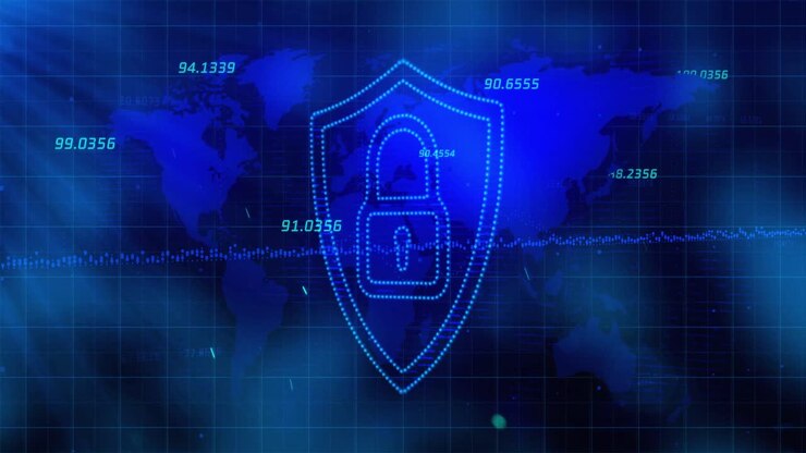 Animation of digital shield with padlock over blue background with world map